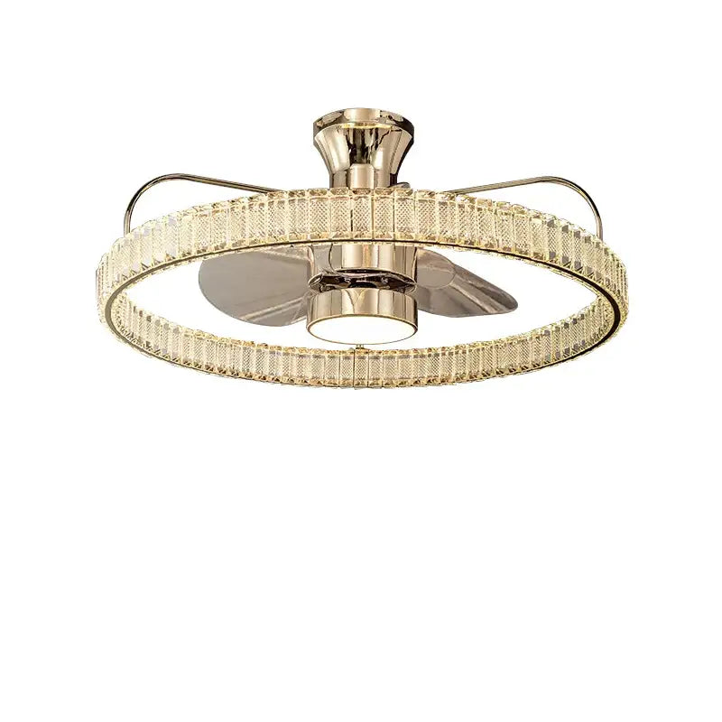 Luxury gold ceiling fan with clear crystal accents and sleek metallic blades for elegant living room lighting with remote