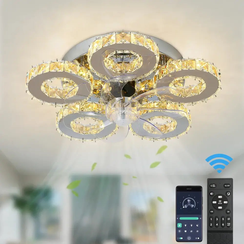 A modern crystal luxury ceiling fan with gold-toned crystal accents and chrome finish for living room decorbites crystal luxury