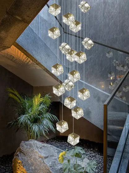 Decorbites crystal modern cubic chandelier with clear faceted crystal cubes suspended by thin wires for living room lighting