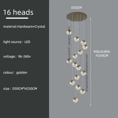 Golden decorbites crystal modern chandelier with 16 crystal cube heads suspended from circular hardware base for living room lighting