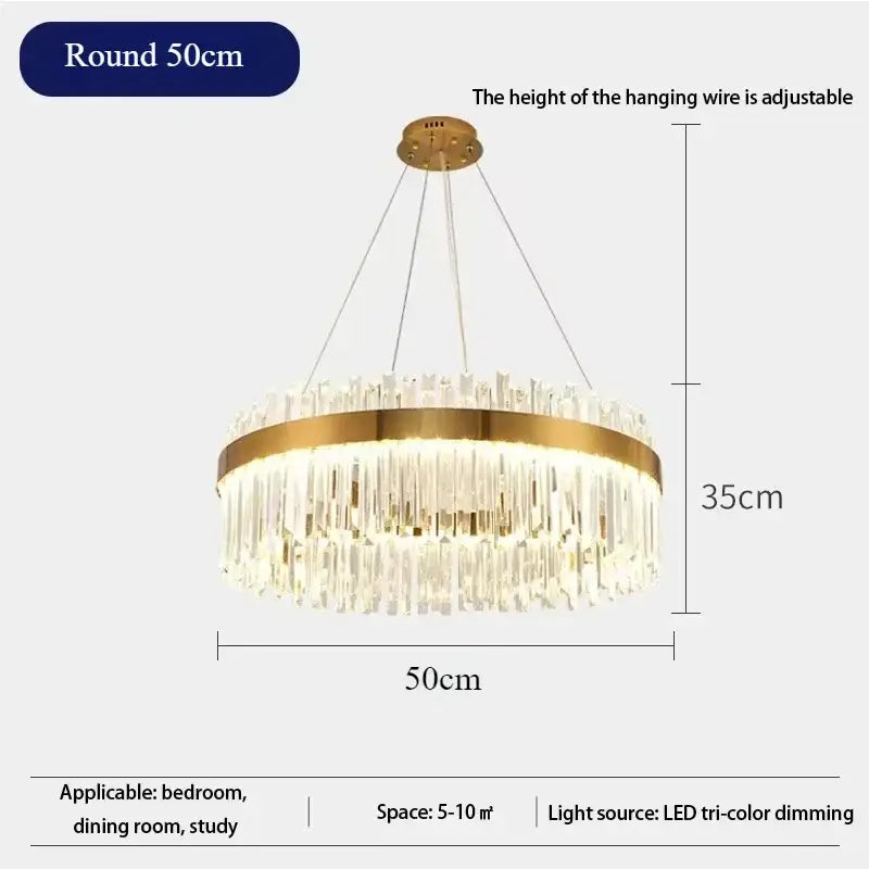 Decorbites™ crystal pendant chandelier with gold metal frame and clear crystal prisms for luxury modest crystal home decor