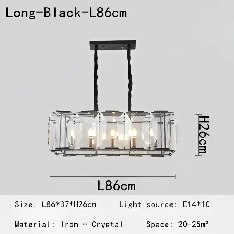Black iron and crystal decorbites crystal pendant chandelier with a modern rectangular design 86cm length gold finish