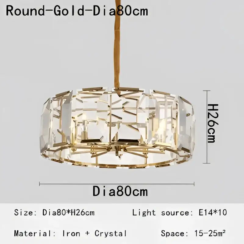 Decorbites crystal pendant chandelier gold round 80cm with intricate crystal design and iron frame for living room light