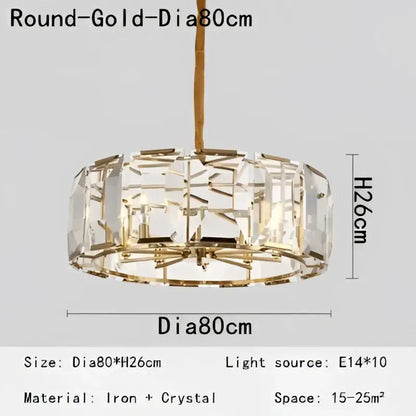 Decorbites crystal pendant chandelier gold round 80cm with intricate crystal design and iron frame for living room light