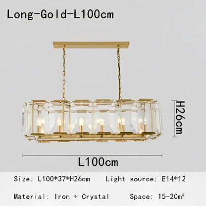 Gold-toned decorbites crystal pendant chandelier with clear crystal panels and iron frame 100cm for living room lighting