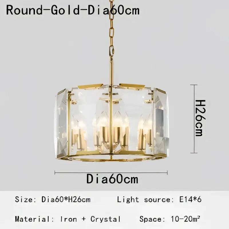 Gold-toned decorbites crystal pendant chandelier with cylindrical frame and faceted crystal panels for living room lighting