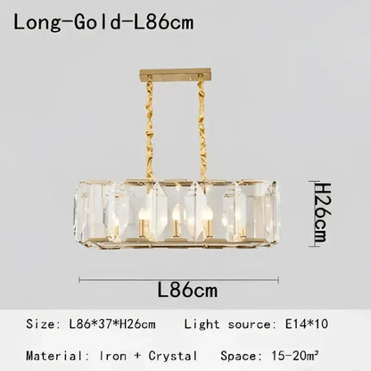 Gold-toned decorbites crystal pendant chandelier with rectangular frame and clear crystal panels for living room light