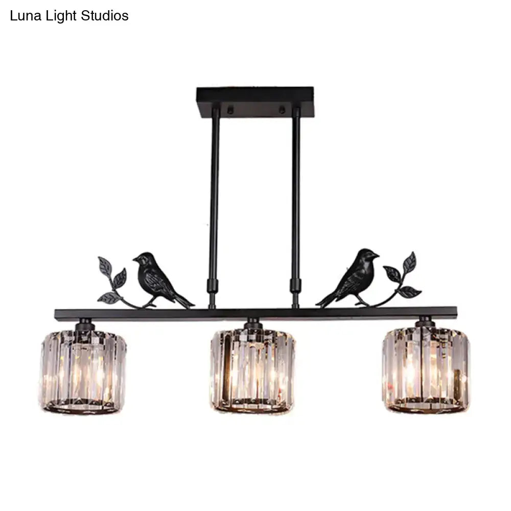Black metal DecorBites™ light fixture with three crystal glass shades and decorative bird and leaf decor 220v-240v 110v-120v