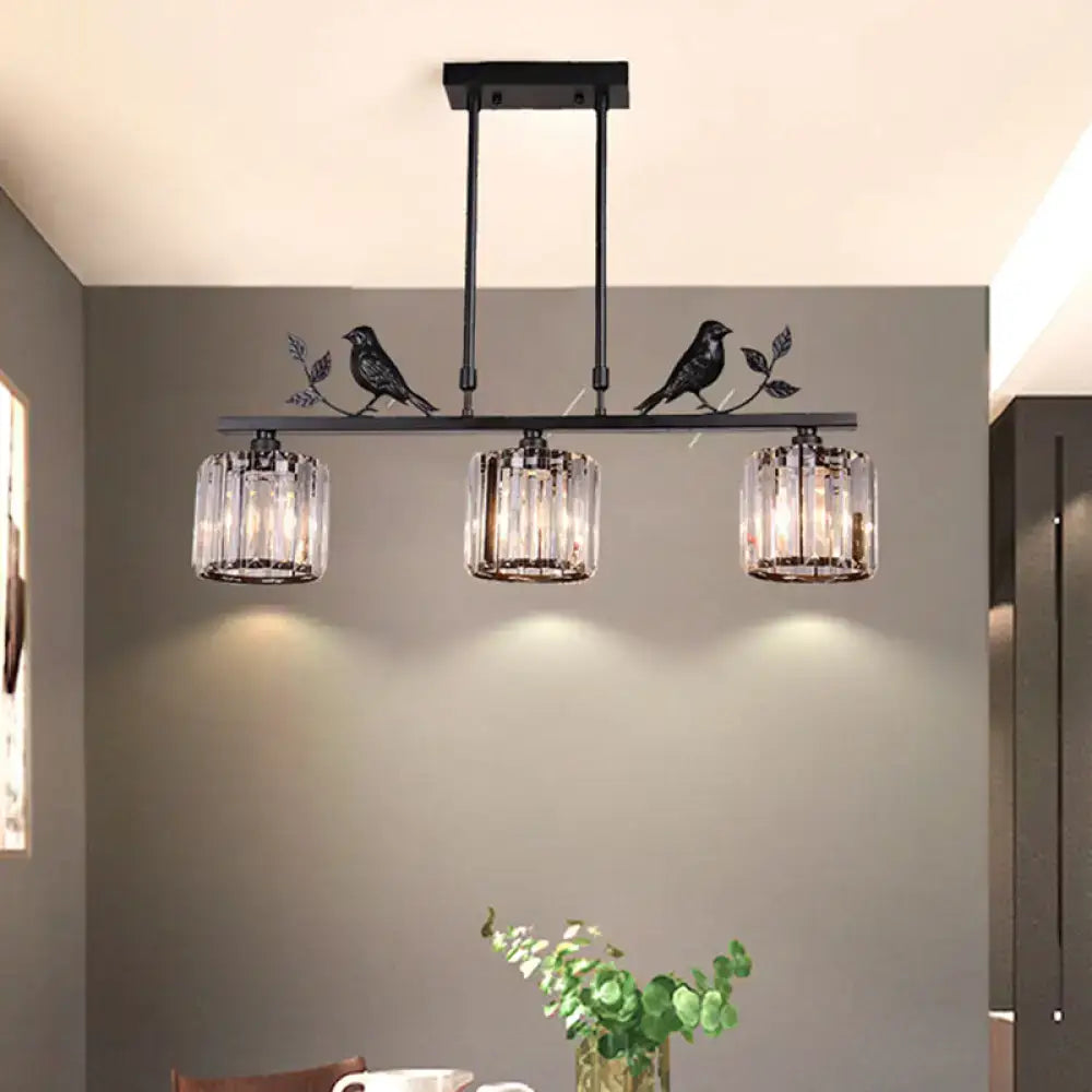 Black metal light fixture with three crystal glass shades and decorative bird and leaf decor for 220v-240v 110v-120v use