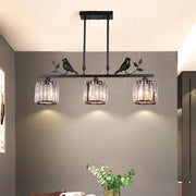 Black metal light fixture with three crystal glass shades and decorative bird and leaf decor for 220v-240v 110v-120v use