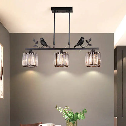 Black metal light fixture with three crystal glass shades and decorative bird and leaf decor for 220v-240v 110v-120v use