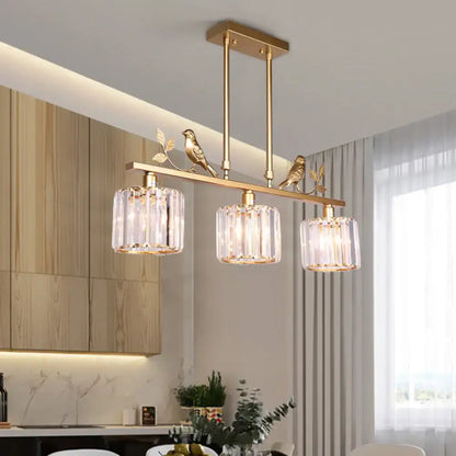 Gold-toned decorbites crystal prism island light fixture with lodge pendant three cylindrical glass shades and bird leaf decor 220v-240v 110v-120v