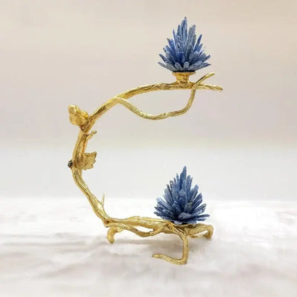 Golden bird decorbites crystal stone golden branch sculpture holding two vibrant blue crystal clusters for living room decor