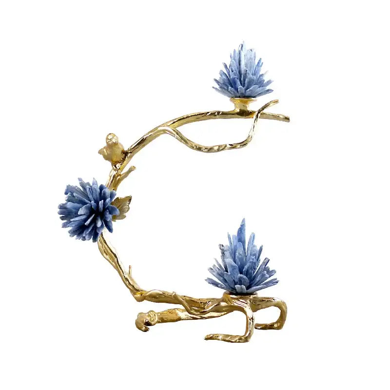 Golden bird candle holder with three blue spiky flower tops in decorbites crystal stone golden living room decor