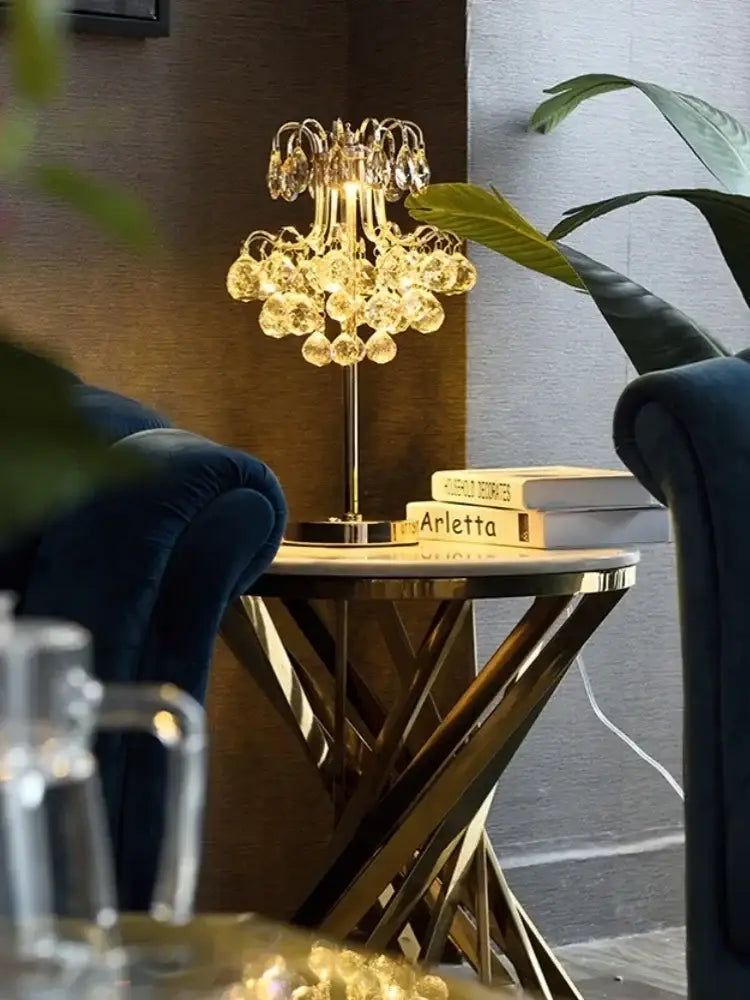 Decorbites crystal table golden chandelier style lamp with dangling crystal droplets for elegant bedroom lighting