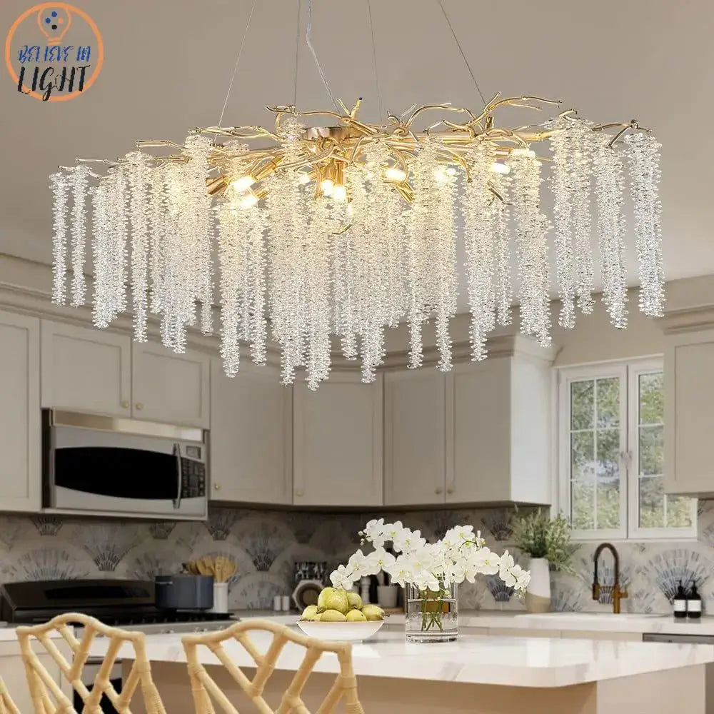 Gold-toned decorbites crystal tassel branch chandelier with cascading clear crystal droplets for dining room light
