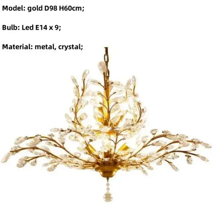 Gold-colored decorbites crystal tree chandelier with intricate crystal branches and dangling crystal pendant for bedroom light