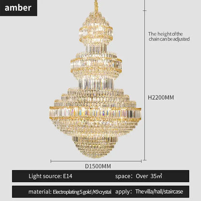 Amber brand tiered decorbites crystal villa chandelier with gold electroplated frame and k9 crystal elements for living room lighting