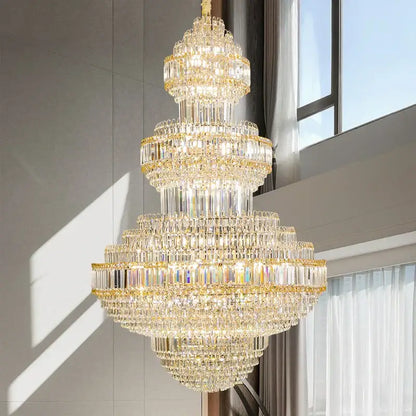 Decorbites crystal villa gold chandelier featuring multi-tiered crystal prisms for elegant living room lighting