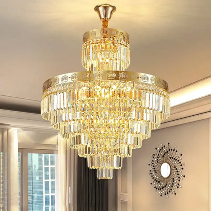 Decorbites crystal villa golden crown chandelier staircase light with multi-tiered golden frame and cascading crystal prisms