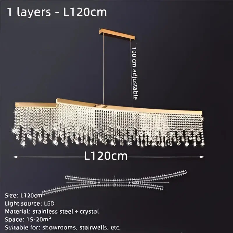 A modern gold stainless steel decorbites crystal waterfall chandelier with clear crystal beads for dining rooms measuring 120cm