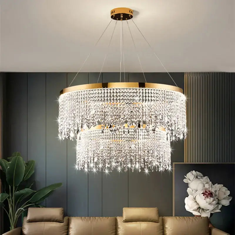 Decorbites crystal waterfall chandelier with gold finish frame and cascading clear crystals for dining room light