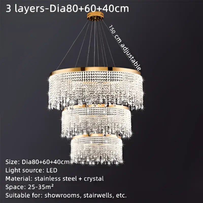 Three-tiered decorbites crystal waterfall chandelier with gold stainless steel frame and cascading clear crystals for dining room
