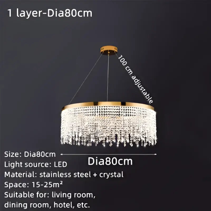 Gold-toned decorbites crystal waterfall chandelier with multiple crystal tiers crafted from stainless steel for dining rooms