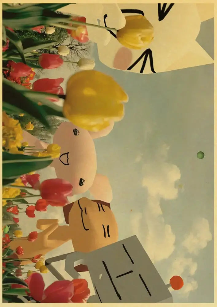 Whimsical stylized cute 3d cat poster with cartoon characters in red and yellow tulips for home decor under blue sky