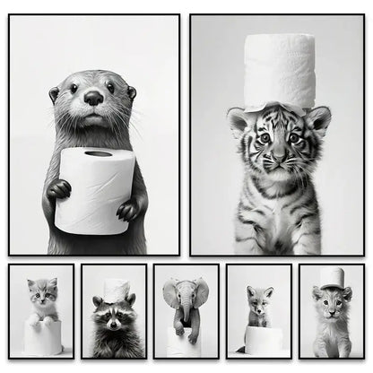 Black-and-white DecorBites™ cute animals canvas wall art featuring otter tiger cub kitten raccoon elephant fox and lion with toilet paper