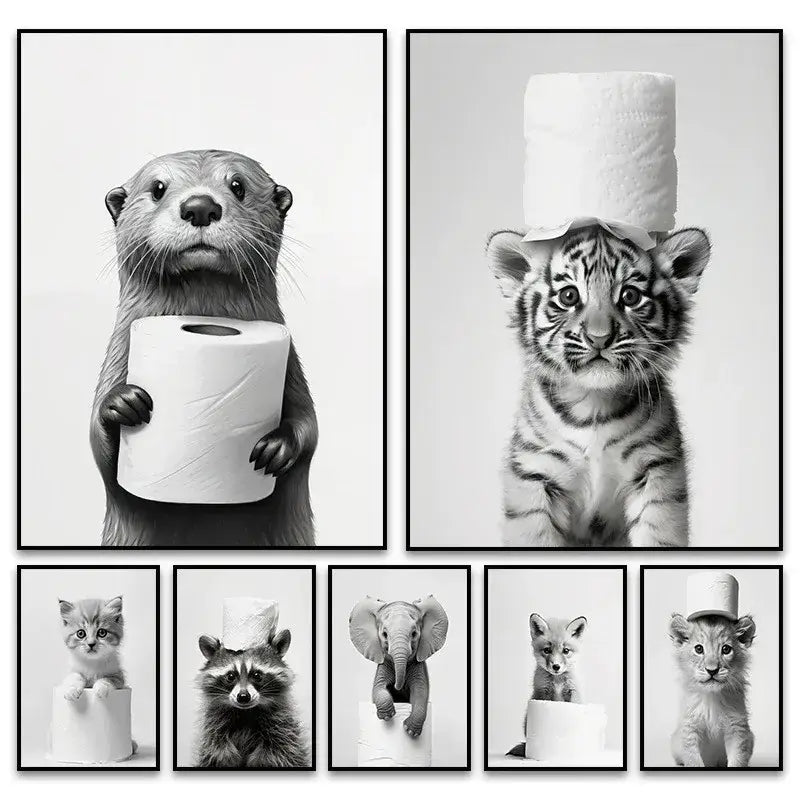 Black-and-white DecorBites™ cute animals canvas wall art featuring otter tiger cub kitten raccoon elephant fox and lion with toilet paper