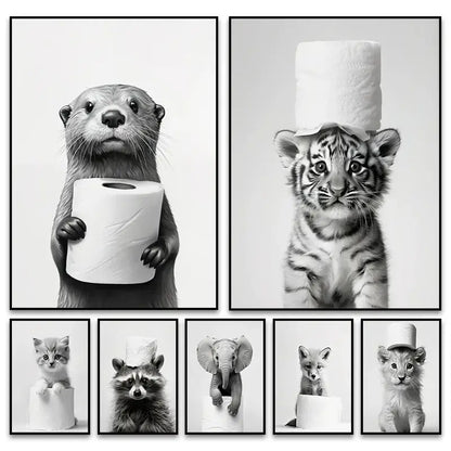 Black-and-white framed animals canvas wall art by DecorBites featuring cute animals playfully with toilet paper rolls