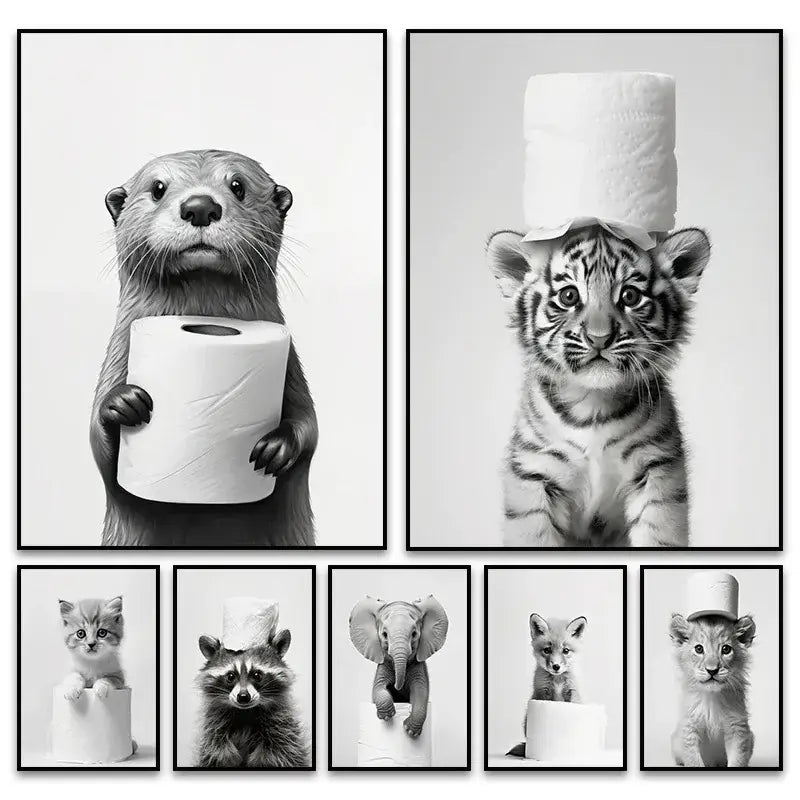 Black-and-white framed animals canvas wall art by DecorBites featuring cute animals playfully with toilet paper rolls