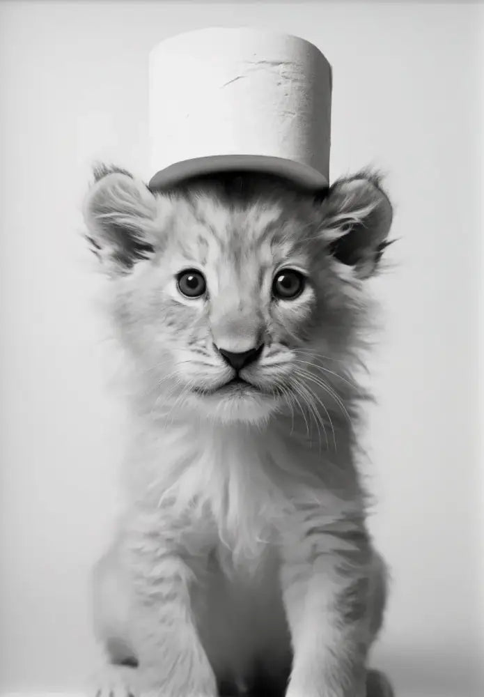 Black-and-white lion cub wearing a toilet paper roll hat on cute animals canvas wall art for bathroom decor