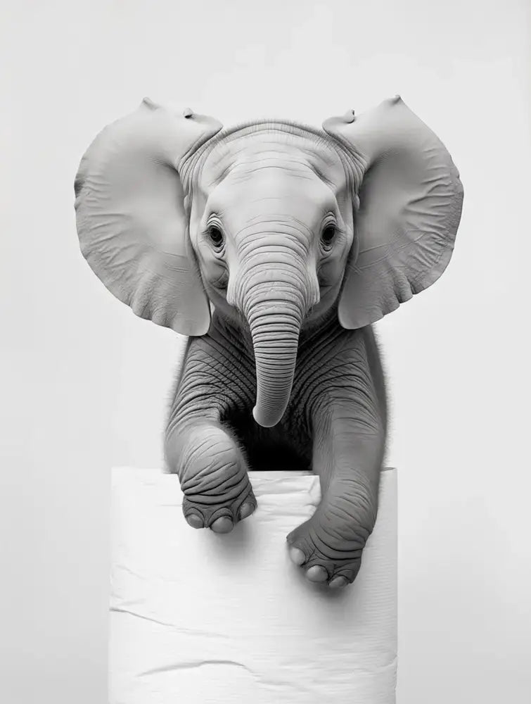 A grayscale cute animals canvas wall art of a baby elephant on toilet paper for bathroom decor by decorbites