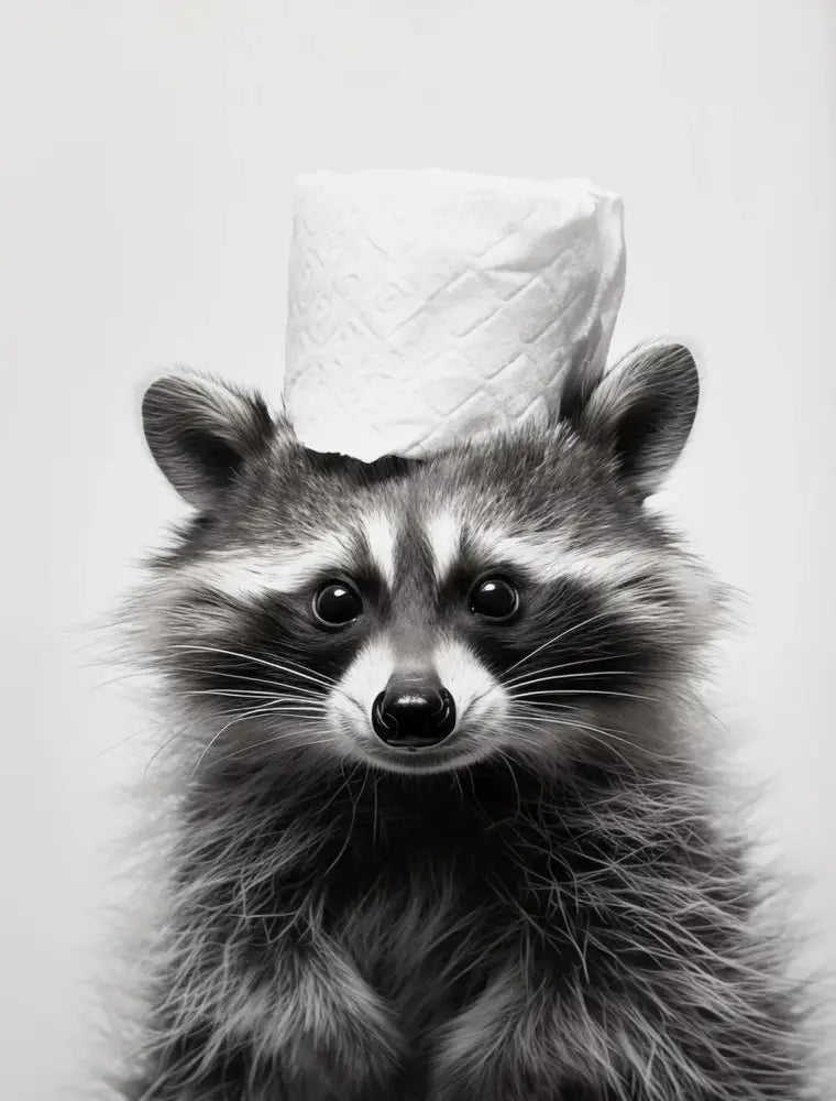 A raccoon with dark eyes and fluffy gray-black fur wears a white quilted toilet paper roll on its head in cute animals canvas