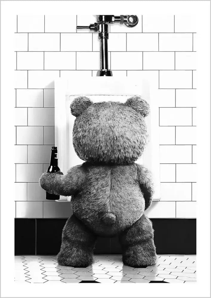Furry gray cute bear bathroom canvas print featuring a plush teddy bear standing in front of a urinal by decorbites