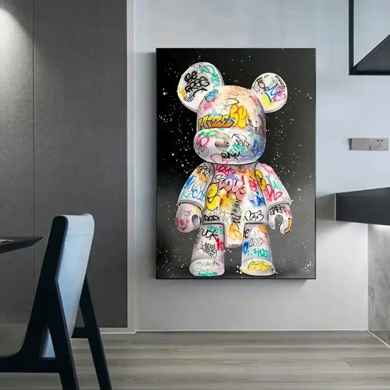 DecorBites™ cute cartoon bear canvas print featuring a vibrant graffiti bear design on black background for home decor
