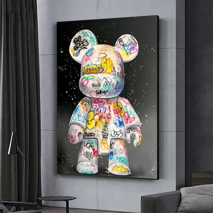 DecorBites™ cute cartoon bear canvas print featuring a vibrant graffiti bear canvas with colorful tags on white figure