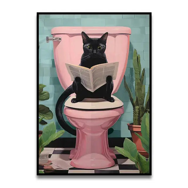DecorBites™ cute cat bathroom canvas wall art features a black cat with green eyes reading on a pink toilet canvas wall