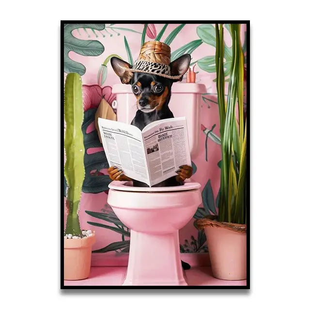 Decorbites™ cute cat canvas wall art featuring a black and tan chihuahua with a woven straw hat on a pink toilet