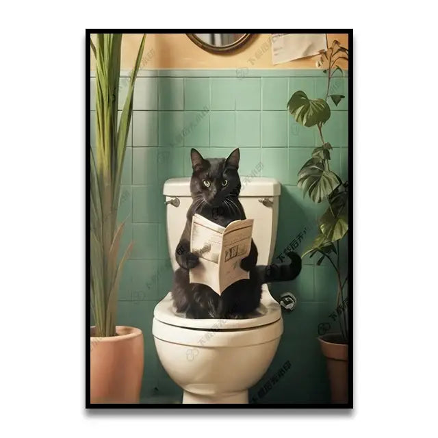 Decorbites™ cute cat bathroom canvas wall art featuring a black cat sitting on a white toilet holding a newspaper