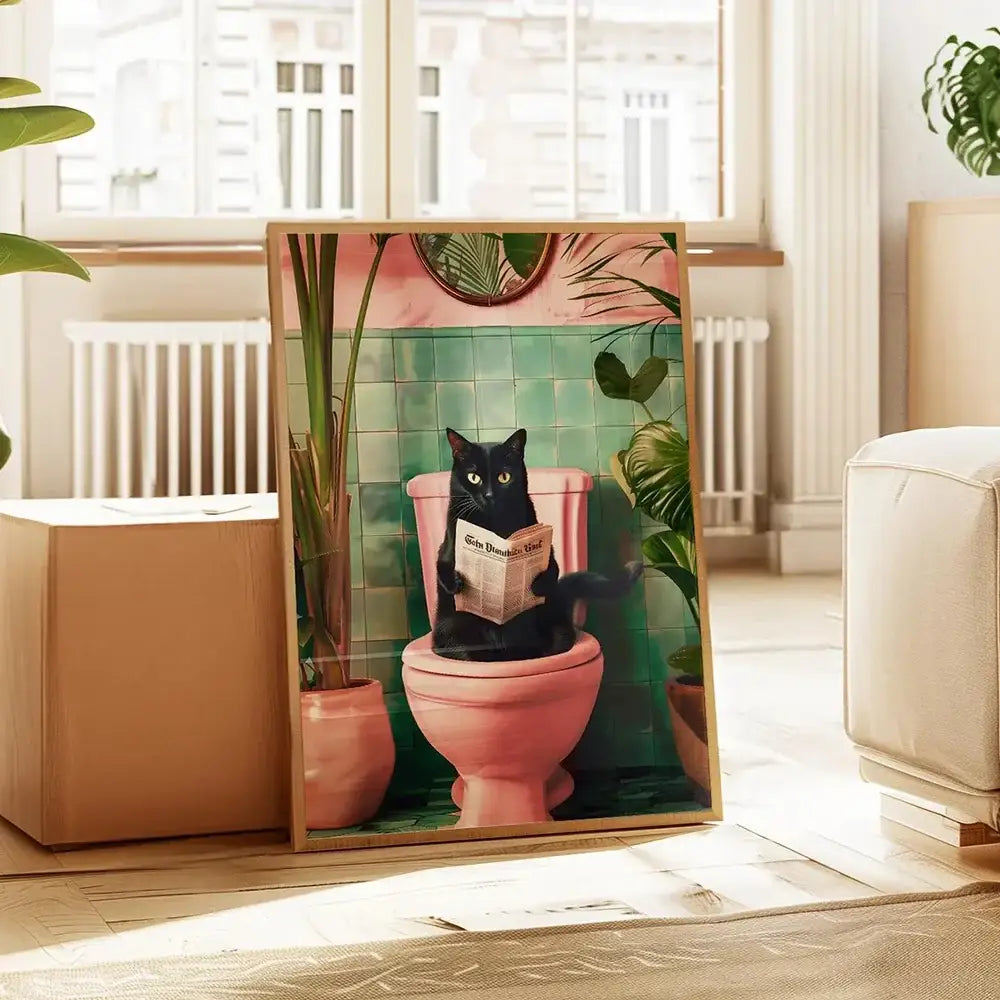 Decorbites™ cute cat bathroom canvas wall art featuring a black cat on a pink toilet with green tiles and plants
