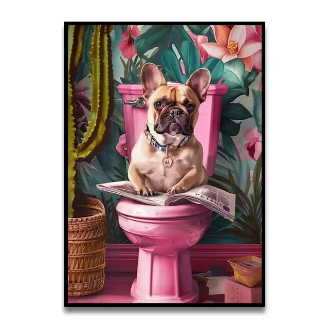 Decorbites™ cute cat bathroom canvas wall art featuring a tan and black french bulldog on a pink toilet with collar