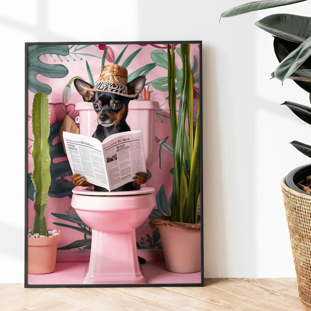 Decorbites™ cute cat bathroom canvas wall art featuring a pink ceramic toilet with a dog reading a newspaper