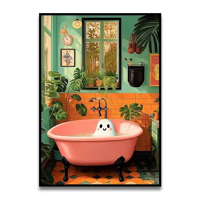 DecorBites™ cute cat bathroom canvas wall art featuring pink clawfoot bathtub with black legs and smiling ghost figurine