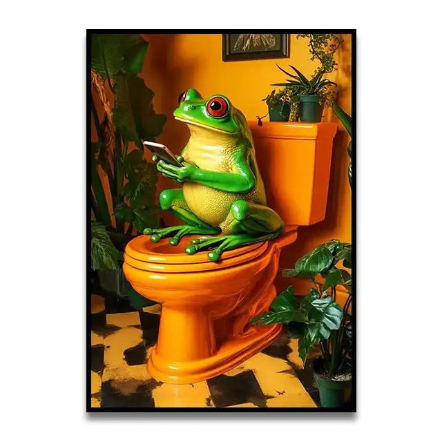 Decorbites™ cute cat bathroom canvas wall art features vibrant green frog with red eyes on orange toilet in playful wall art design