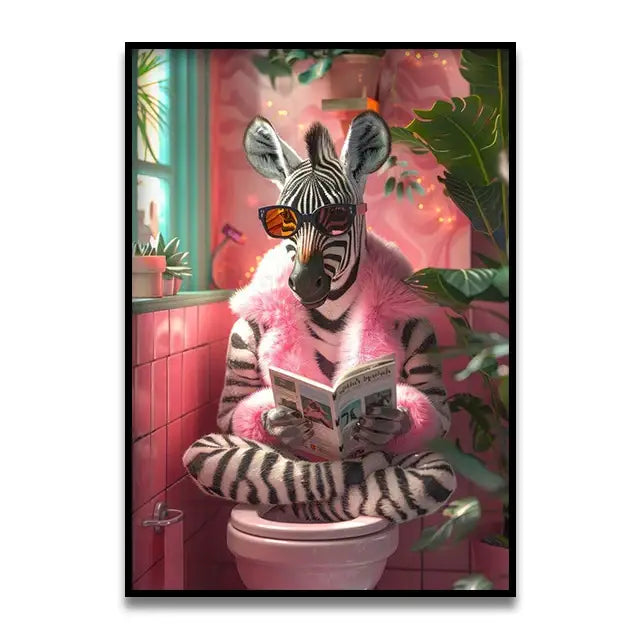 Decorbites™ cute cat bathroom canvas wall art features a zebra in a pink fur coat with sunglasses in a vibrant pink bathroom