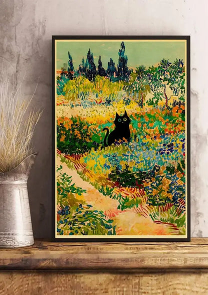 A decorbites™ cute digital cats cartoon poster print of a black cat in a colorful impressionistic field on kraft paper