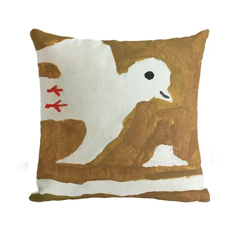 Decorbites cute dog printed black and white pillow cover with a painted white dove on textured brown background